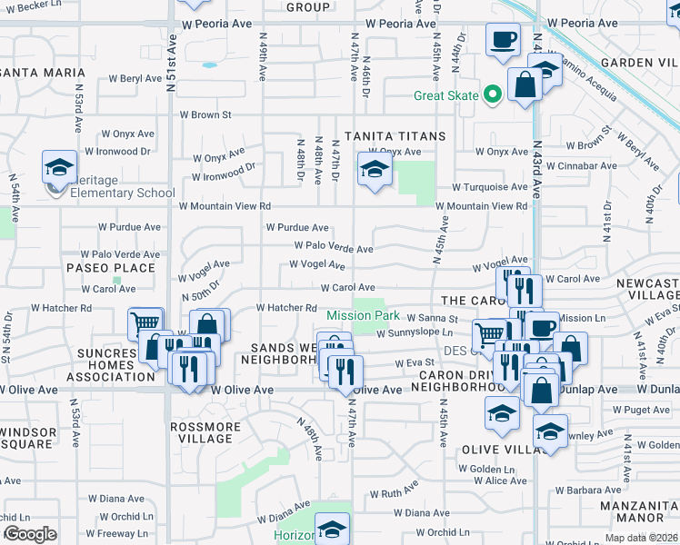 map of restaurants, bars, coffee shops, grocery stores, and more near 4713 West Carol Avenue in Glendale