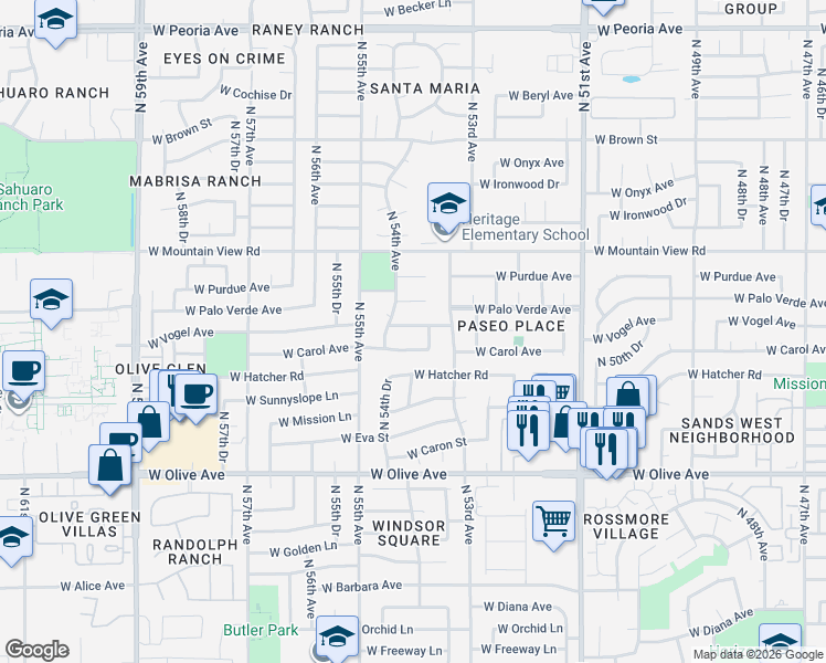 map of restaurants, bars, coffee shops, grocery stores, and more near 5336 West Carol Avenue in Glendale