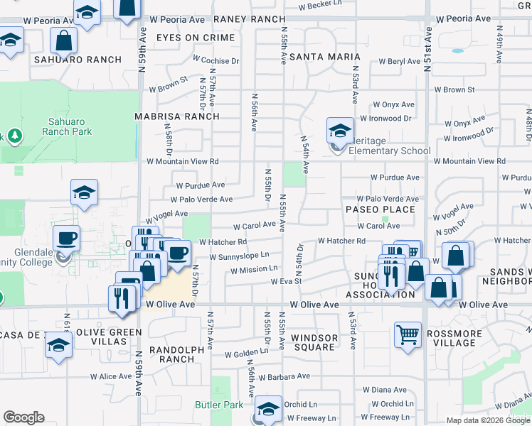 map of restaurants, bars, coffee shops, grocery stores, and more near 5503 West Carol Avenue in Glendale