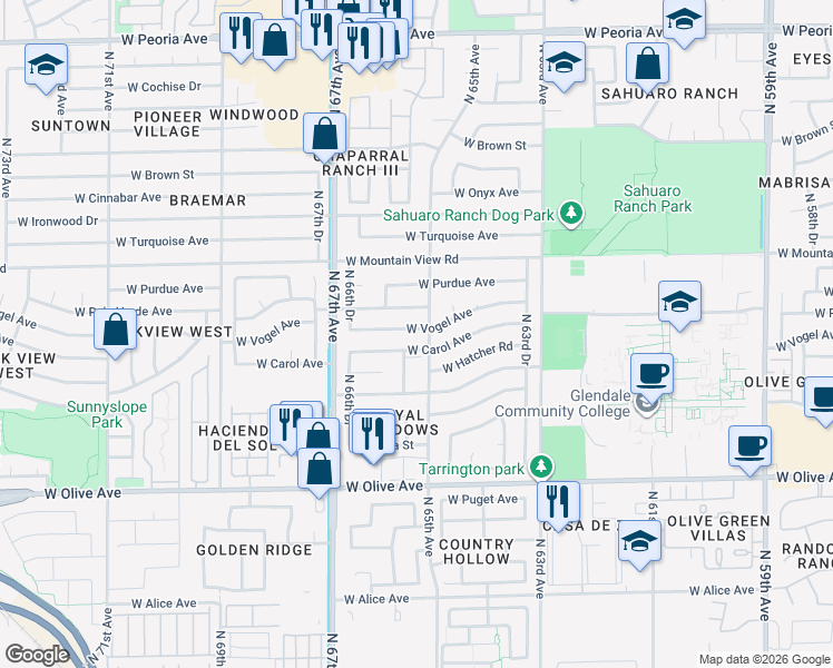 map of restaurants, bars, coffee shops, grocery stores, and more near 6506 West Carol Avenue in Glendale