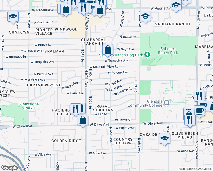 map of restaurants, bars, coffee shops, grocery stores, and more near 6506 West Carol Avenue in Glendale