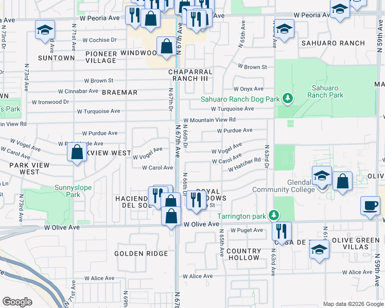 map of restaurants, bars, coffee shops, grocery stores, and more near 6609 West Carol Avenue in Glendale