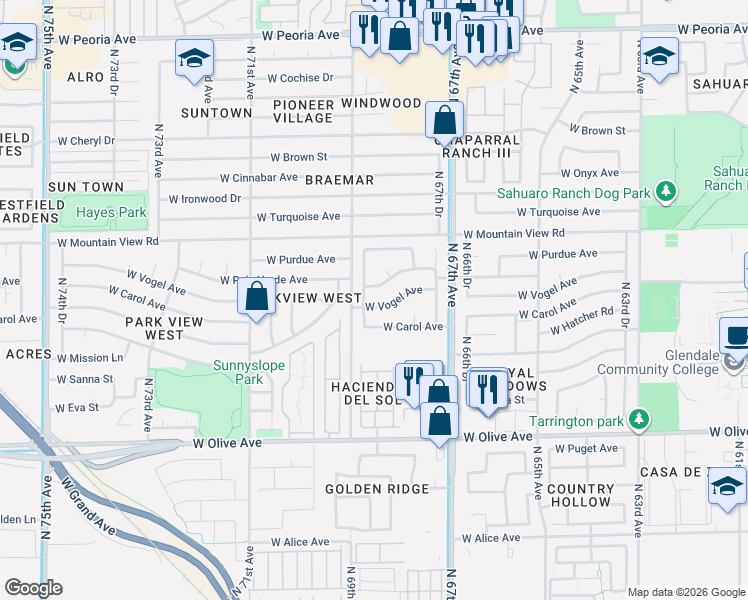 map of restaurants, bars, coffee shops, grocery stores, and more near 6826 West Carol Avenue in Peoria