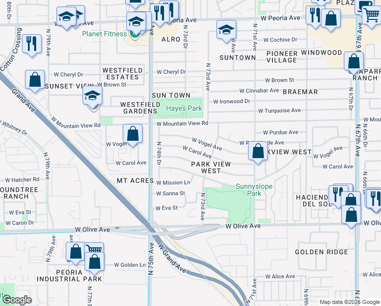 map of restaurants, bars, coffee shops, grocery stores, and more near 7320 West Hatcher Road in Peoria