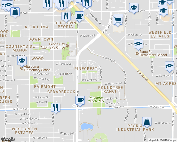 map of restaurants, bars, coffee shops, grocery stores, and more near 9590 North 82nd Lane in Peoria