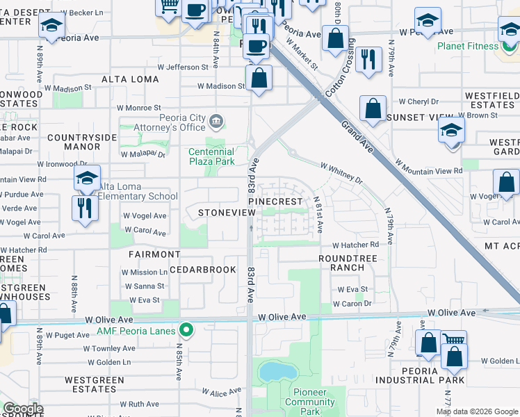 map of restaurants, bars, coffee shops, grocery stores, and more near 9574 North 82nd Glen in Peoria