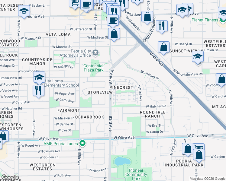 map of restaurants, bars, coffee shops, grocery stores, and more near 9574 North 82nd Glen in Peoria