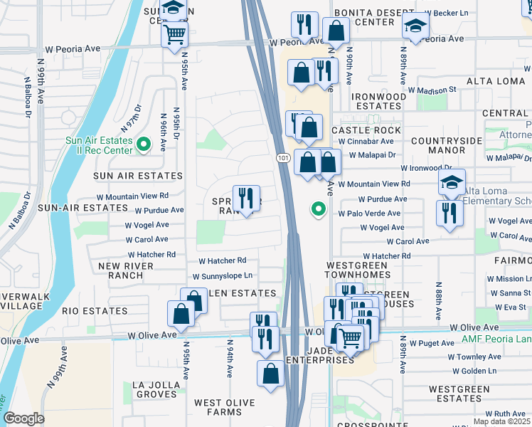 map of restaurants, bars, coffee shops, grocery stores, and more near 9236 West Carol Avenue in Peoria