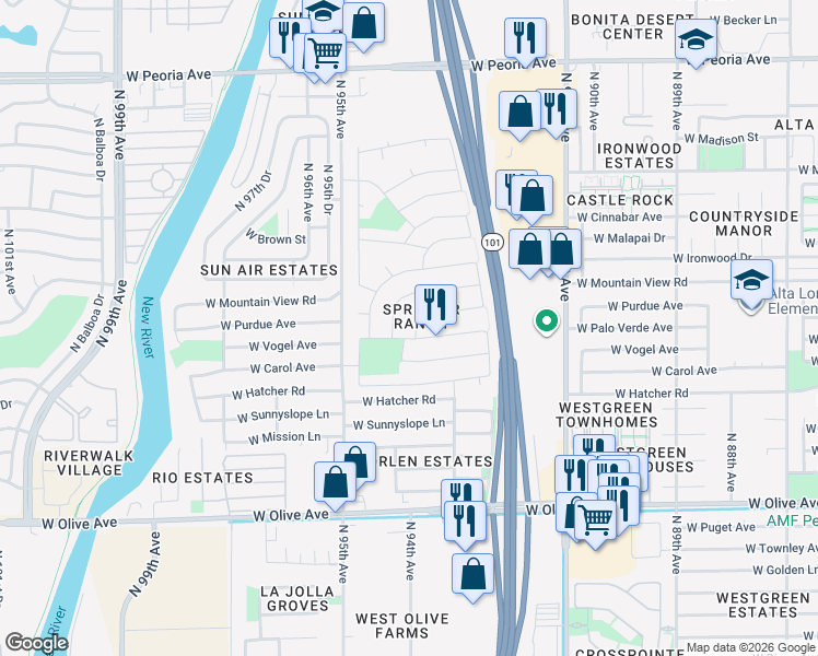 map of restaurants, bars, coffee shops, grocery stores, and more near 9339 West Vogel Avenue in Peoria