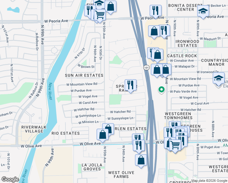 map of restaurants, bars, coffee shops, grocery stores, and more near 9532 North 94th Lane in Peoria