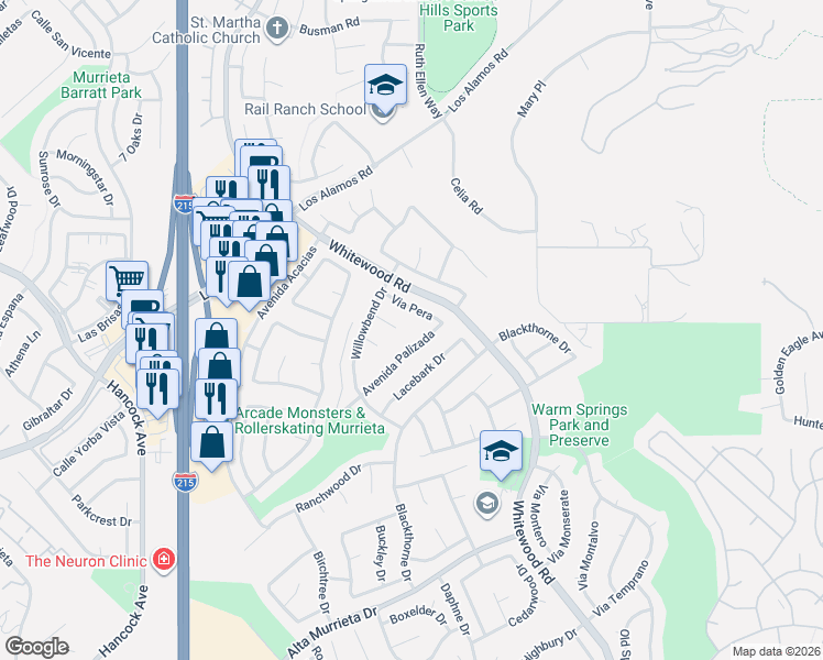 map of restaurants, bars, coffee shops, grocery stores, and more near 39869 Avenida Palizada in Murrieta