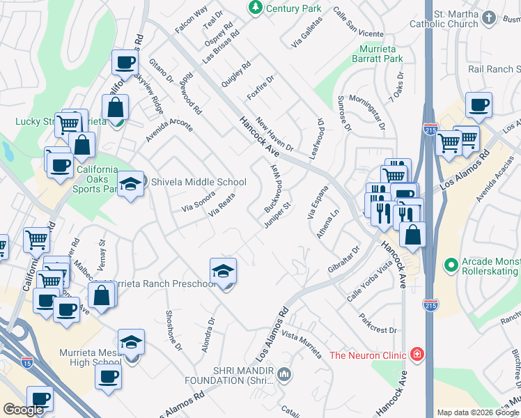 map of restaurants, bars, coffee shops, grocery stores, and more near 40211 White Leaf Lane in Murrieta