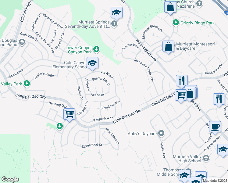 map of restaurants, bars, coffee shops, grocery stores, and more near 23884 Cloverleaf Way in Murrieta