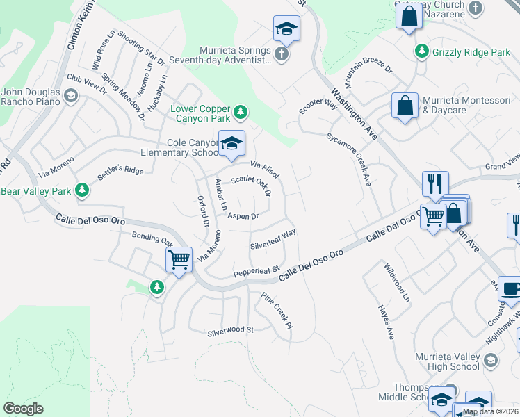 map of restaurants, bars, coffee shops, grocery stores, and more near 23781 Aspen Drive in Murrieta