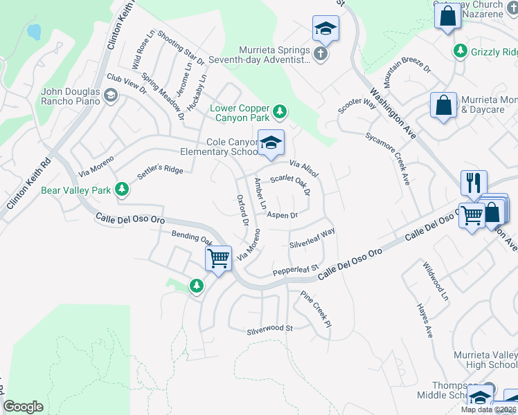 map of restaurants, bars, coffee shops, grocery stores, and more near 23733 Aspen Drive in Murrieta
