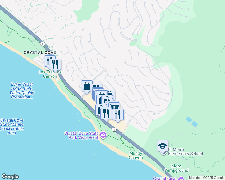 map of restaurants, bars, coffee shops, grocery stores, and more near 36 Surfspray Bluff in Newport Beach