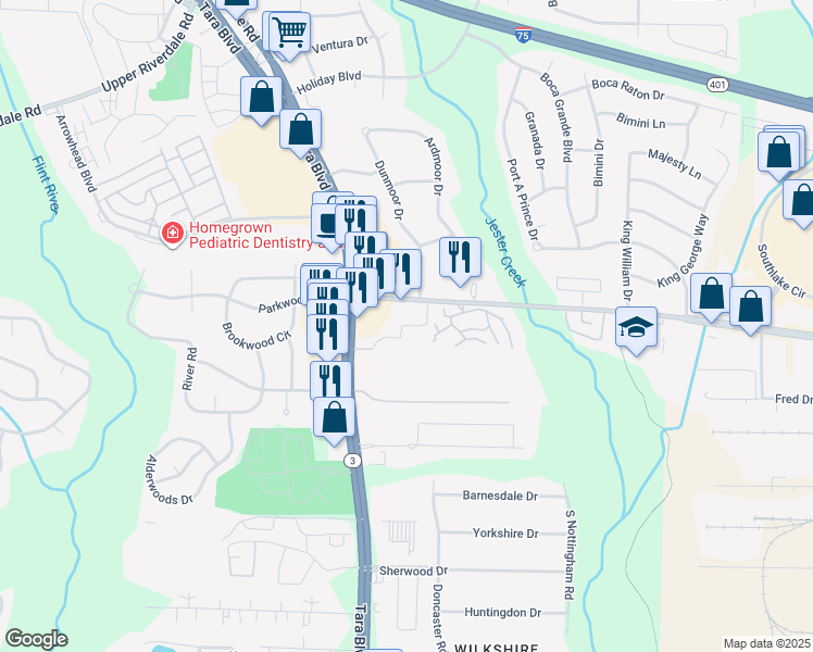 map of restaurants, bars, coffee shops, grocery stores, and more near 6700 Tara Boulevard in Jonesboro