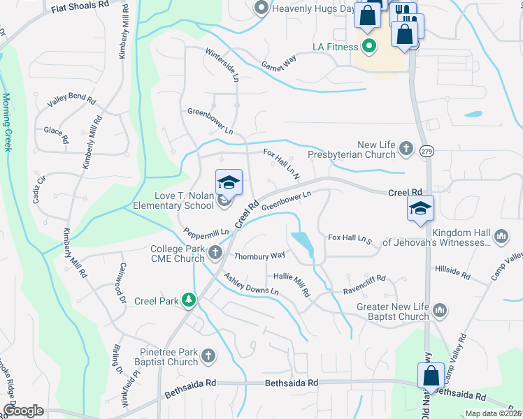 map of restaurants, bars, coffee shops, grocery stores, and more near 260 Marcliff Court in College Park