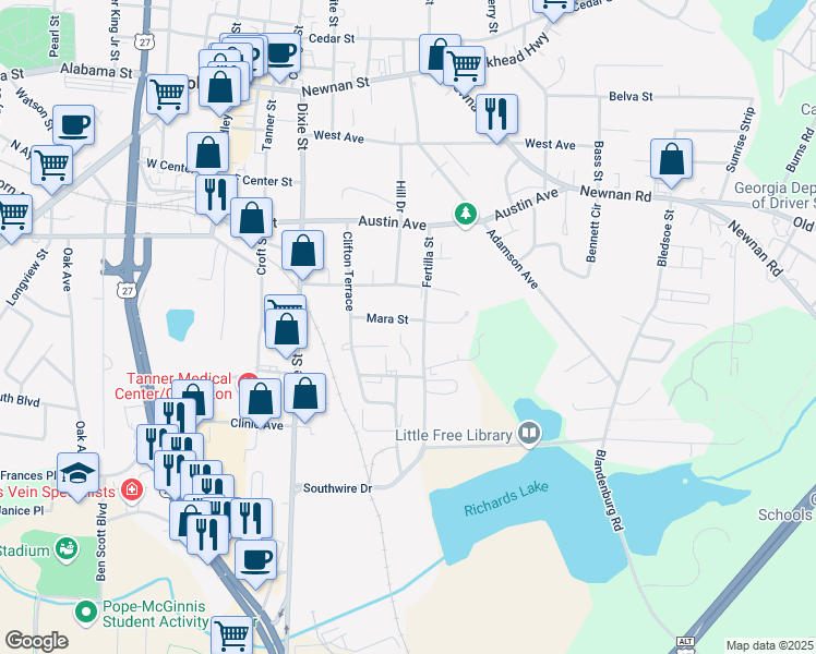 map of restaurants, bars, coffee shops, grocery stores, and more near 205 Mara Street in Carrollton