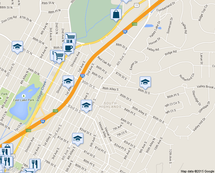 map of restaurants, bars, coffee shops, grocery stores, and more near 501 85th Street South in Birmingham