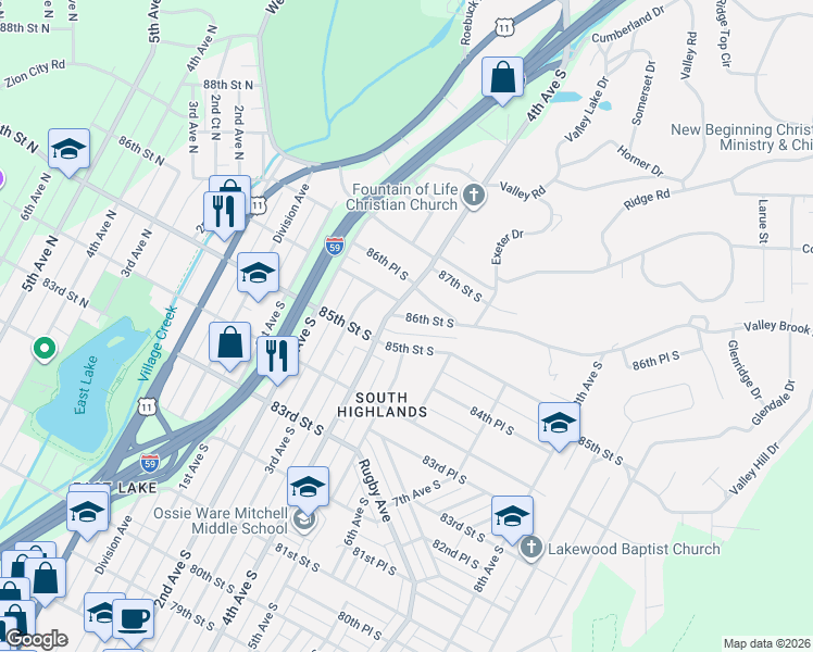 map of restaurants, bars, coffee shops, grocery stores, and more near 501 85th Street South in Birmingham