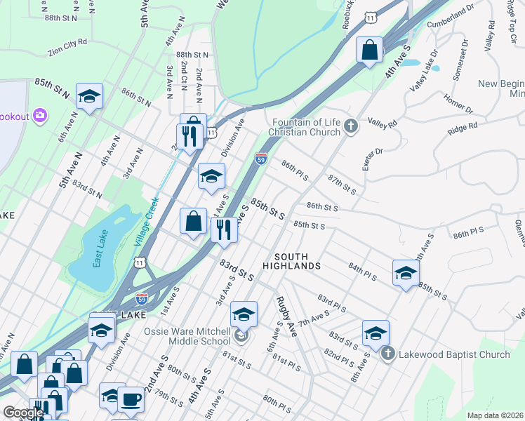map of restaurants, bars, coffee shops, grocery stores, and more near 8426 3rd Avenue South in Birmingham