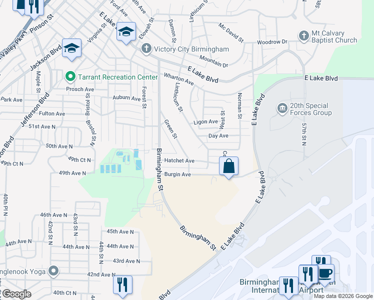 map of restaurants, bars, coffee shops, grocery stores, and more near 1020 Green Street in Birmingham