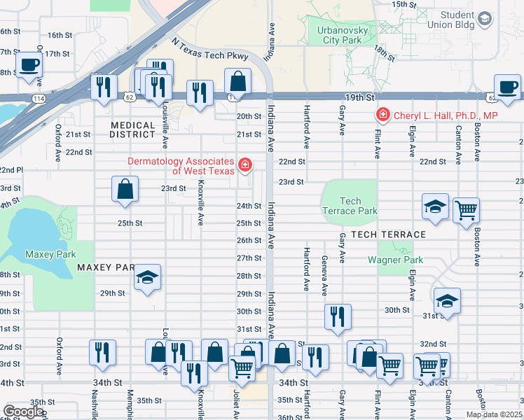 map of restaurants, bars, coffee shops, grocery stores, and more near 3405 24th Street in Lubbock