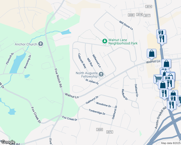 map of restaurants, bars, coffee shops, grocery stores, and more near 509 Calbrieth Way in North Augusta
