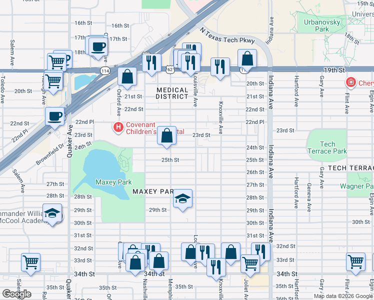 map of restaurants, bars, coffee shops, grocery stores, and more near 3708 25th Street in Lubbock