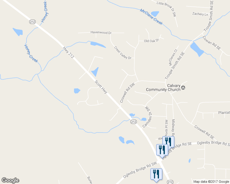 map of restaurants, bars, coffee shops, grocery stores, and more near 2443 High Meadows Court in Conyers
