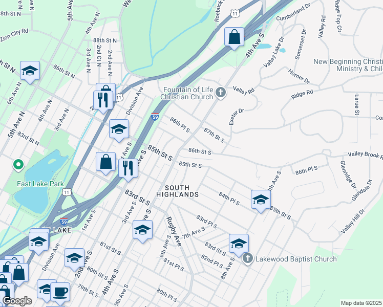 map of restaurants, bars, coffee shops, grocery stores, and more near 420 86th Street South in Birmingham