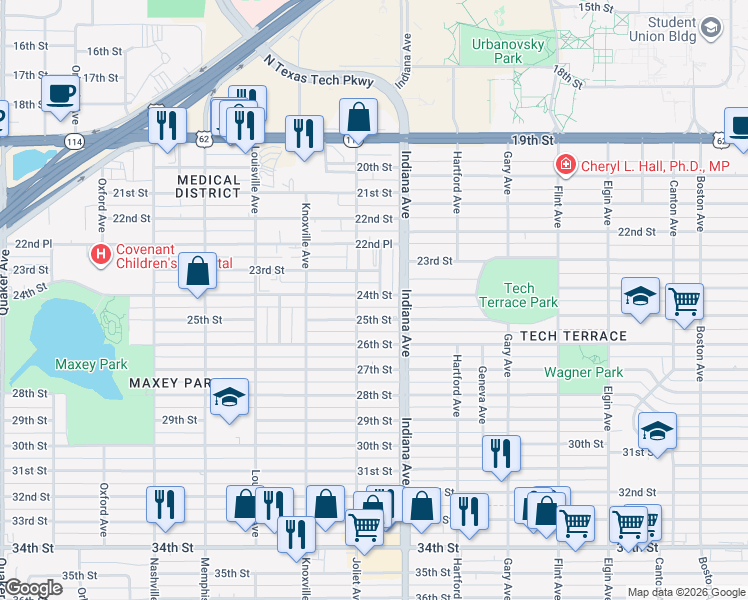map of restaurants, bars, coffee shops, grocery stores, and more near 3413 24th Street in Lubbock