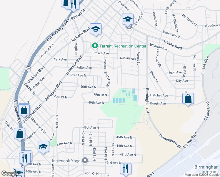 map of restaurants, bars, coffee shops, grocery stores, and more near 4949 43rd Way North in Birmingham