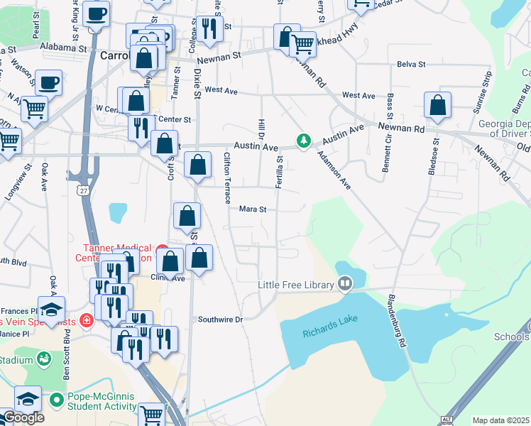 map of restaurants, bars, coffee shops, grocery stores, and more near 205 Mara Street in Carrollton
