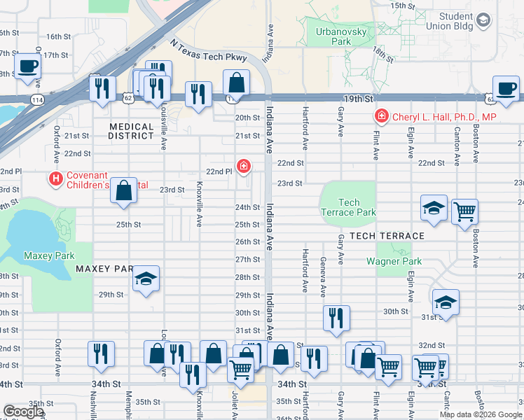 map of restaurants, bars, coffee shops, grocery stores, and more near 3412 25th Street in Lubbock
