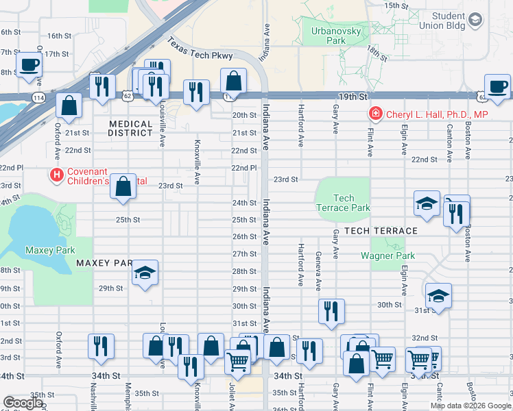 map of restaurants, bars, coffee shops, grocery stores, and more near 3412 25th Street in Lubbock