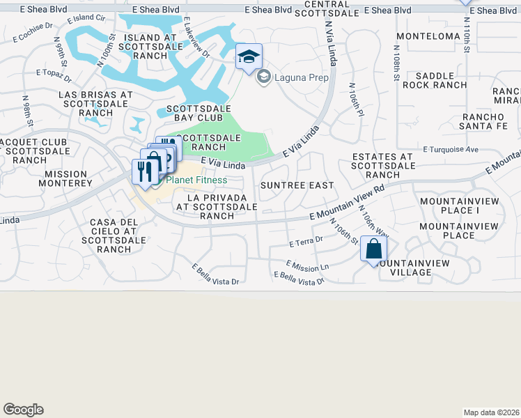 map of restaurants, bars, coffee shops, grocery stores, and more near 10405 East Mountain View Road in Scottsdale