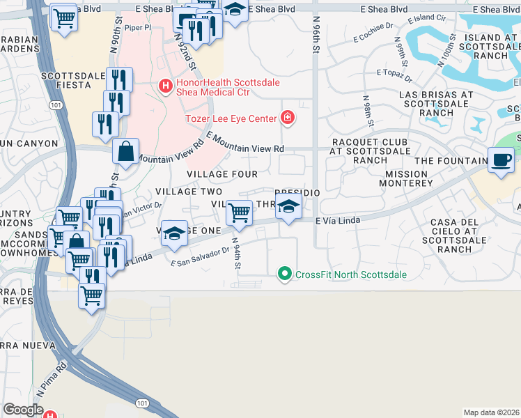 map of restaurants, bars, coffee shops, grocery stores, and more near 9445 North 94th Place in Scottsdale