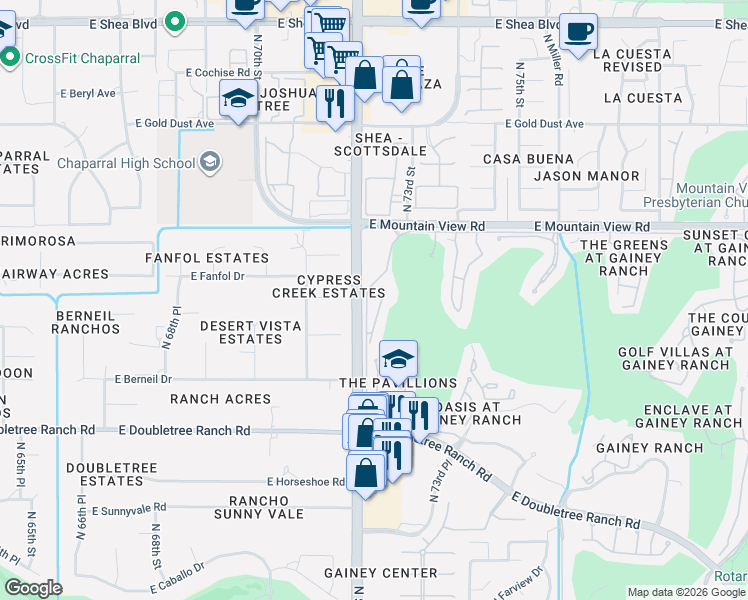 map of restaurants, bars, coffee shops, grocery stores, and more near 7166 East Berneil Lane in Paradise Valley