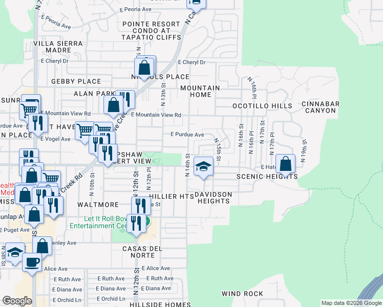 map of restaurants, bars, coffee shops, grocery stores, and more near 1422 East Hatcher Road in Phoenix
