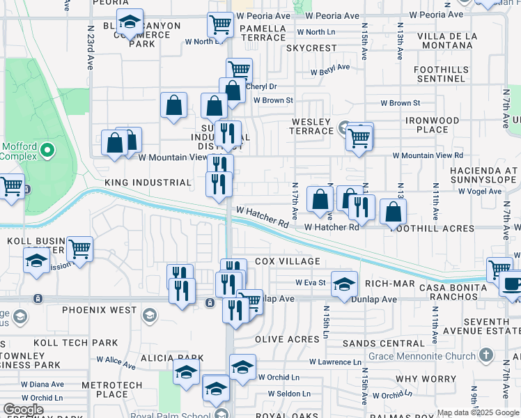 map of restaurants, bars, coffee shops, grocery stores, and more near 9253 North 18th Drive in Phoenix