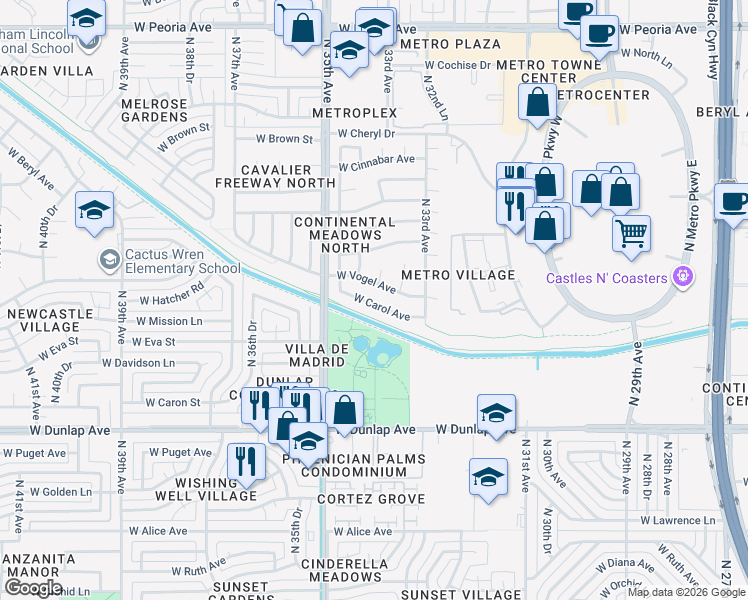 map of restaurants, bars, coffee shops, grocery stores, and more near 3403 West Carol Avenue in Phoenix