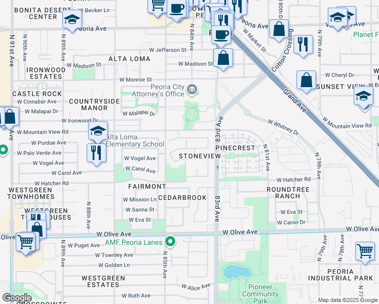 map of restaurants, bars, coffee shops, grocery stores, and more near 8407 West Vogel Avenue in Peoria