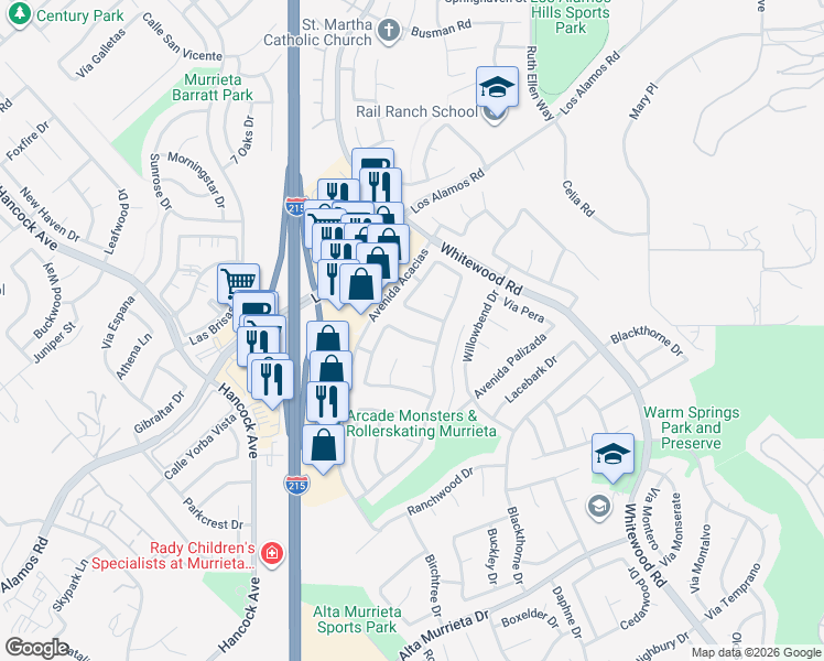 map of restaurants, bars, coffee shops, grocery stores, and more near 39671 Corte Santa Barbara in Murrieta