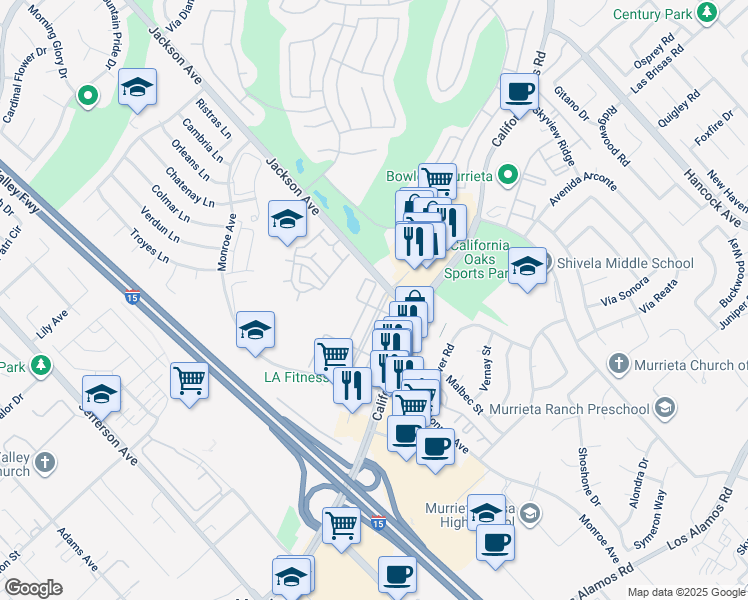 map of restaurants, bars, coffee shops, grocery stores, and more near 24375 Jackson Avenue in Murrieta