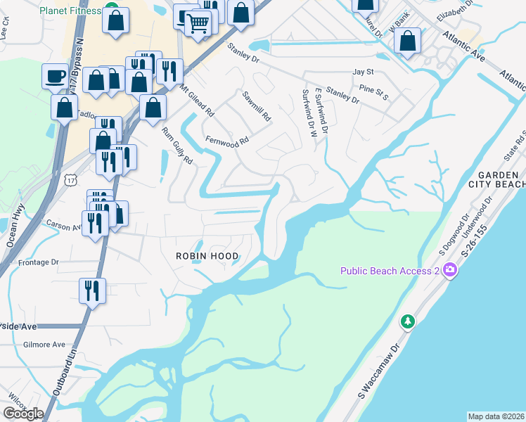 map of restaurants, bars, coffee shops, grocery stores, and more near 109 Edward Avenue in Murrells Inlet