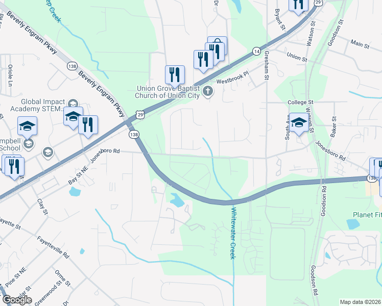 map of restaurants, bars, coffee shops, grocery stores, and more near 5250 Jonesboro Road in Union City