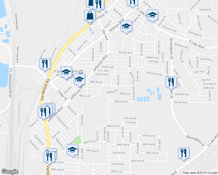 map of restaurants, bars, coffee shops, grocery stores, and more near 4928 Brittain Street in Birmingham