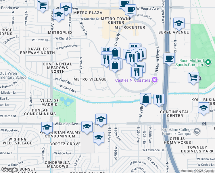 map of restaurants, bars, coffee shops, grocery stores, and more near 5 West Vogel Avenue in Phoenix